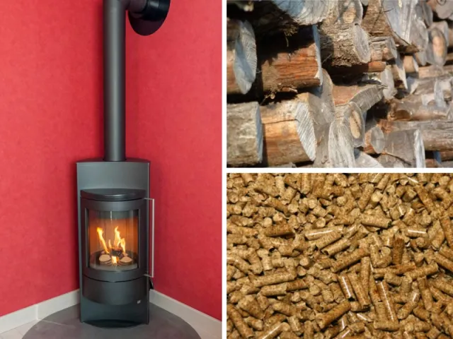 Poêle contre un mur rouge, bûches et granulés de bois en mosaïque